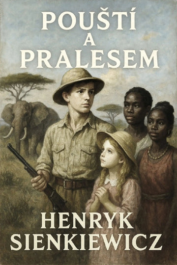Book cover for 'Pouští a pralesem' by Henryk Sienkiewicz, featuring an illustrated scene of a man in a safari outfit with a rifle, a young girl in a hat, two women, and an elephant in a savanna.