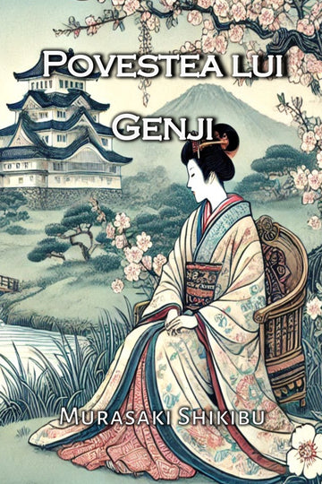 Book cover of 'Povestea lui Genji' with a woman in traditional Japanese attire and a castle in the background.