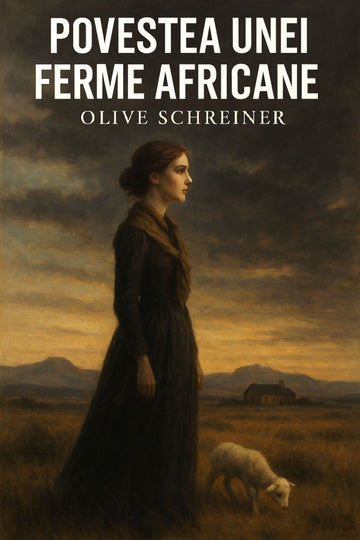 Book cover of 'Povestea unei ferme africane' by Olive Schreiner with a woman in a dress standing in a field.
