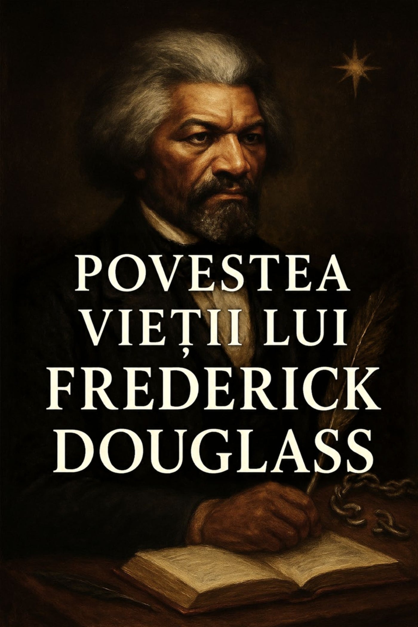 Book cover of 'Povestea vieții lui Frederick Douglass' with a portrait of Frederick Douglass and an open book.