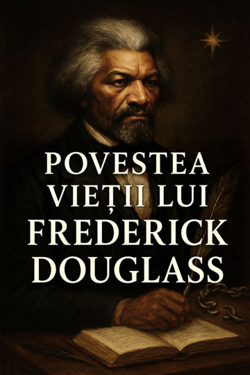 Book cover of 'Povestea vieții lui Frederick Douglass' with a portrait of Frederick Douglass and an open book.
