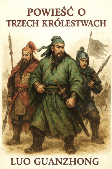 Book cover of 'Powieść o trzech królestwach' with illustrations of three warriors.