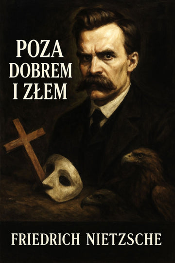 Book cover of 'Poza dobrem i złem' by Friedrich Nietzsche with a portrait and symbols.