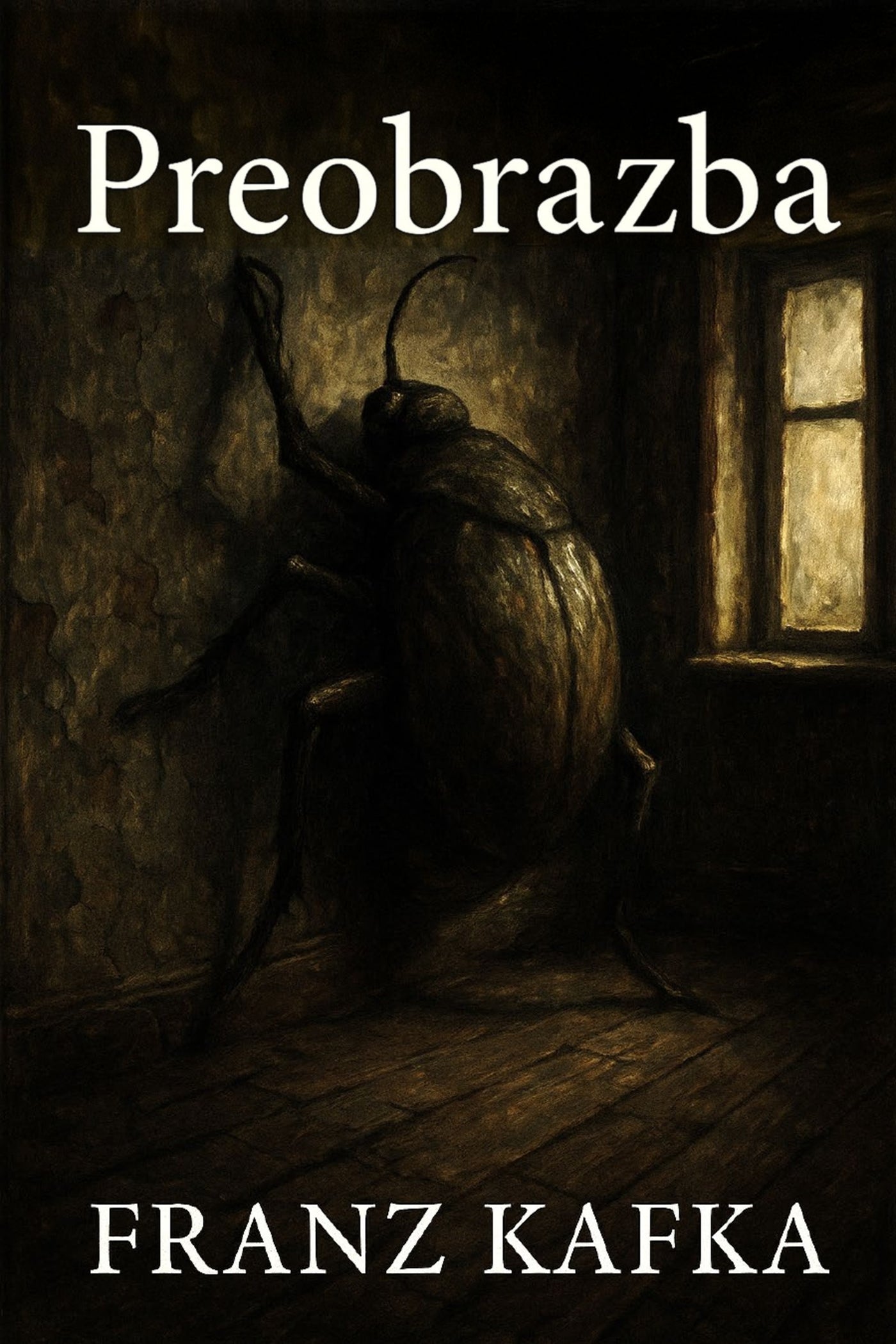 Book cover of 'Preobrazba' by Franz Kafka with a beetle on a wooden floor.