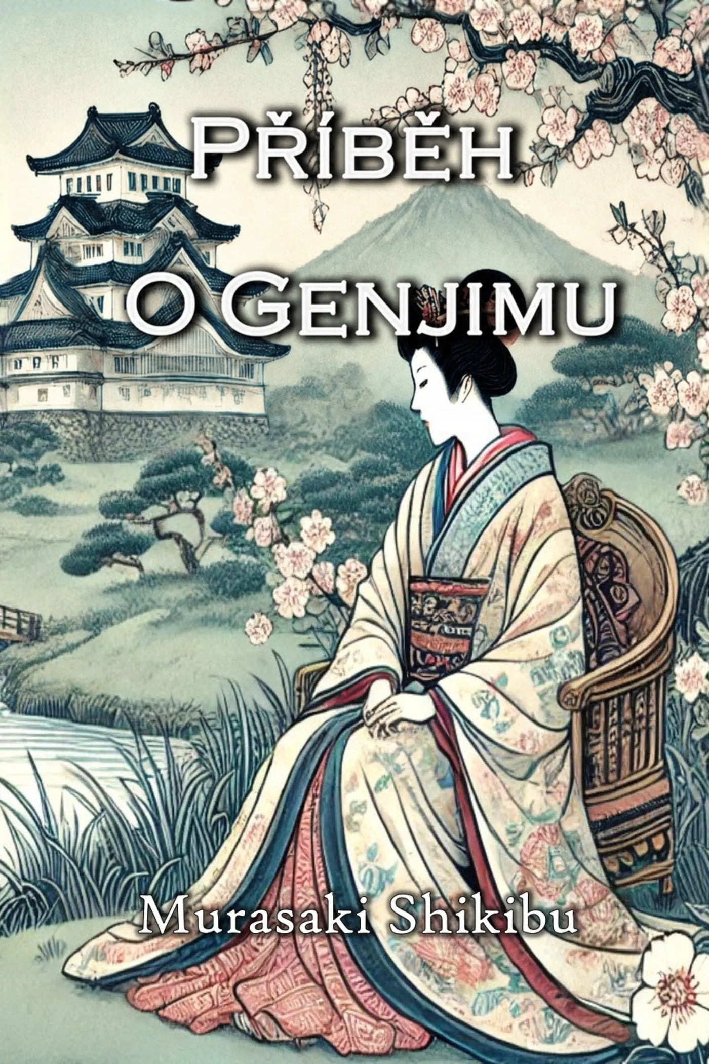 Book cover for 'Příběh o Genjimu' by Murasaki Shikibu, featuring a Japanese-style illustration of a woman in a kimono seated in a chair with cherry blossoms, a mountain, and a castle in the background.
