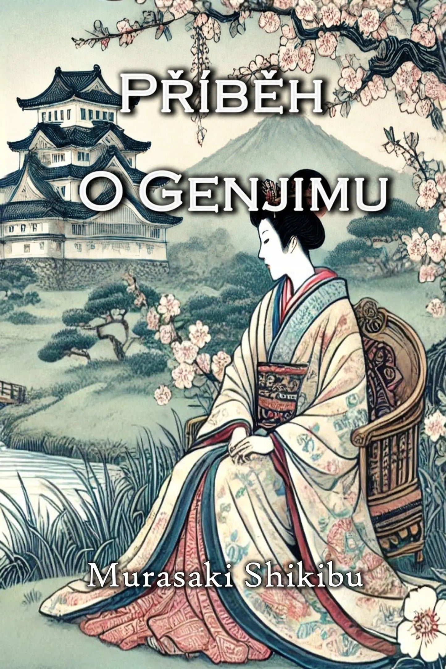 Book cover for 'Příběh o Genjimu' by Murasaki Shikibu, featuring a Japanese-style illustration of a woman in a kimono seated in a chair with cherry blossoms, a mountain, and a castle in the background.