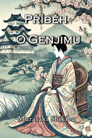 Book cover for 'Příběh o Genjimu' by Murasaki Shikibu, featuring a Japanese-style illustration of a woman in a kimono seated in a chair with cherry blossoms, a mountain, and a castle in the background.