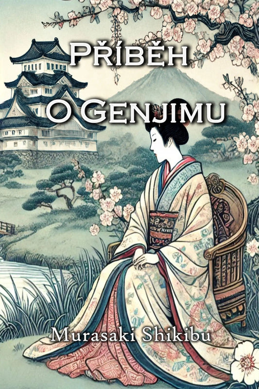 Book cover for 'Příběh o Genjimu' by Murasaki Shikibu, featuring a Japanese-style illustration of a woman in a kimono seated in a chair with cherry blossoms, a mountain, and a castle in the background.
