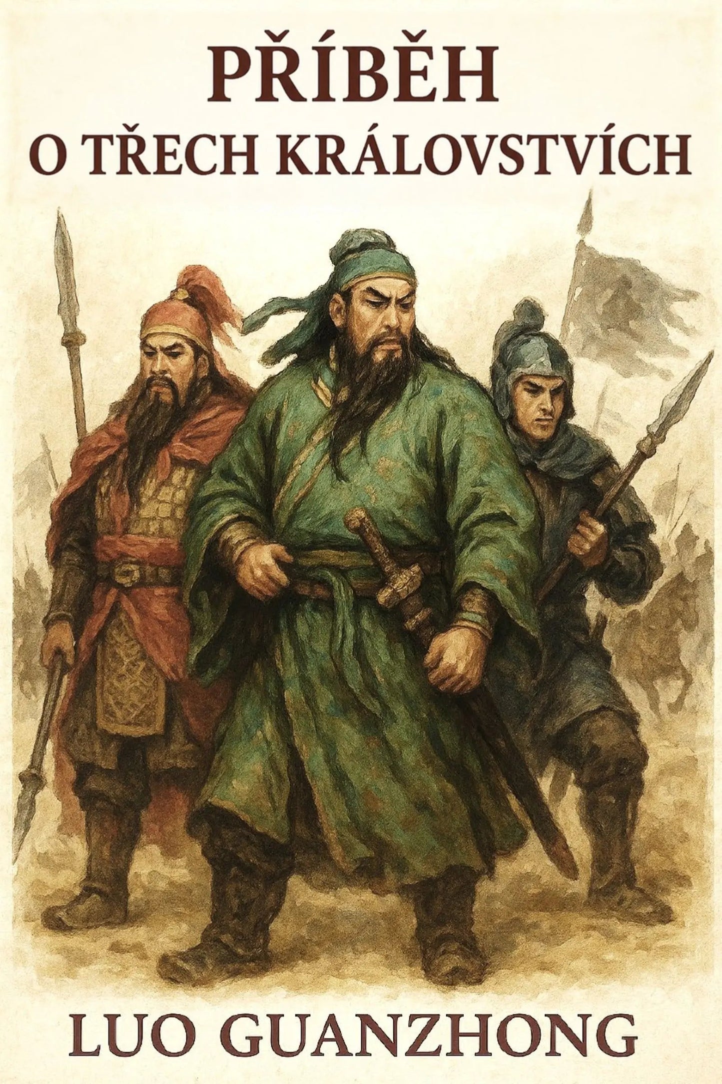 A book cover for 'Příběh o třech královstvích' featuring three illustrated historical warriors in medieval-style clothing.