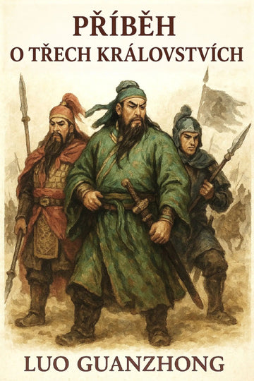 A book cover for 'Příběh o třech královstvích' featuring three illustrated historical warriors in medieval-style clothing.