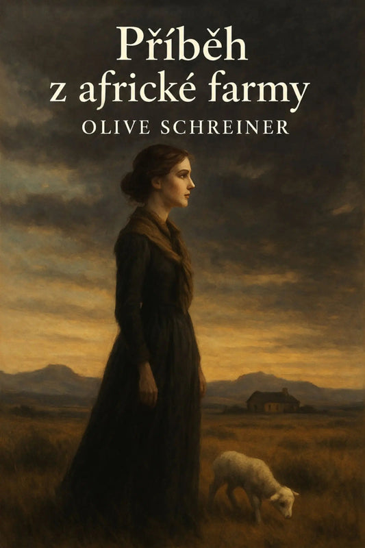 Book cover for 'Příběh z africké farmy' by Olive Schreiner, featuring a painted scene of a woman in a long dark dress standing in a field beside a sheep under a dramatic cloudy sky.