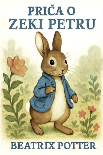 Book cover of 'Priča o zeki Petru' by Beatrix Potter with a rabbit character in a garden setting.