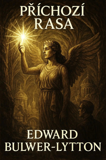 Book cover for 'Příchozí rasa' by Edward Bulwer-Lytton, featuring a dark fantasy illustration of an angelic figure with wings holding a glowing light, with the title and author name in cream text.