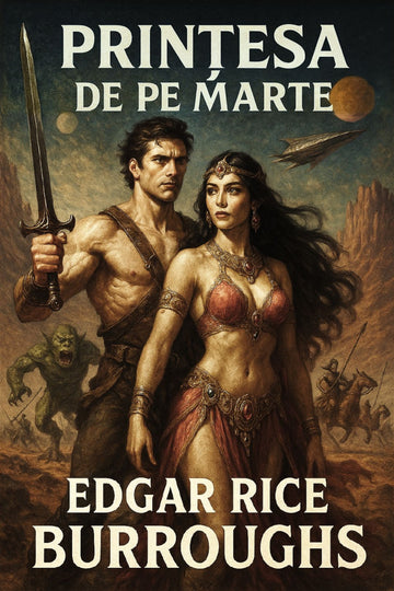 Book cover of 'Prințesa de pe Marte' by Edgar Rice Burroughs featuring a man and woman in a desert landscape with a spaceship.