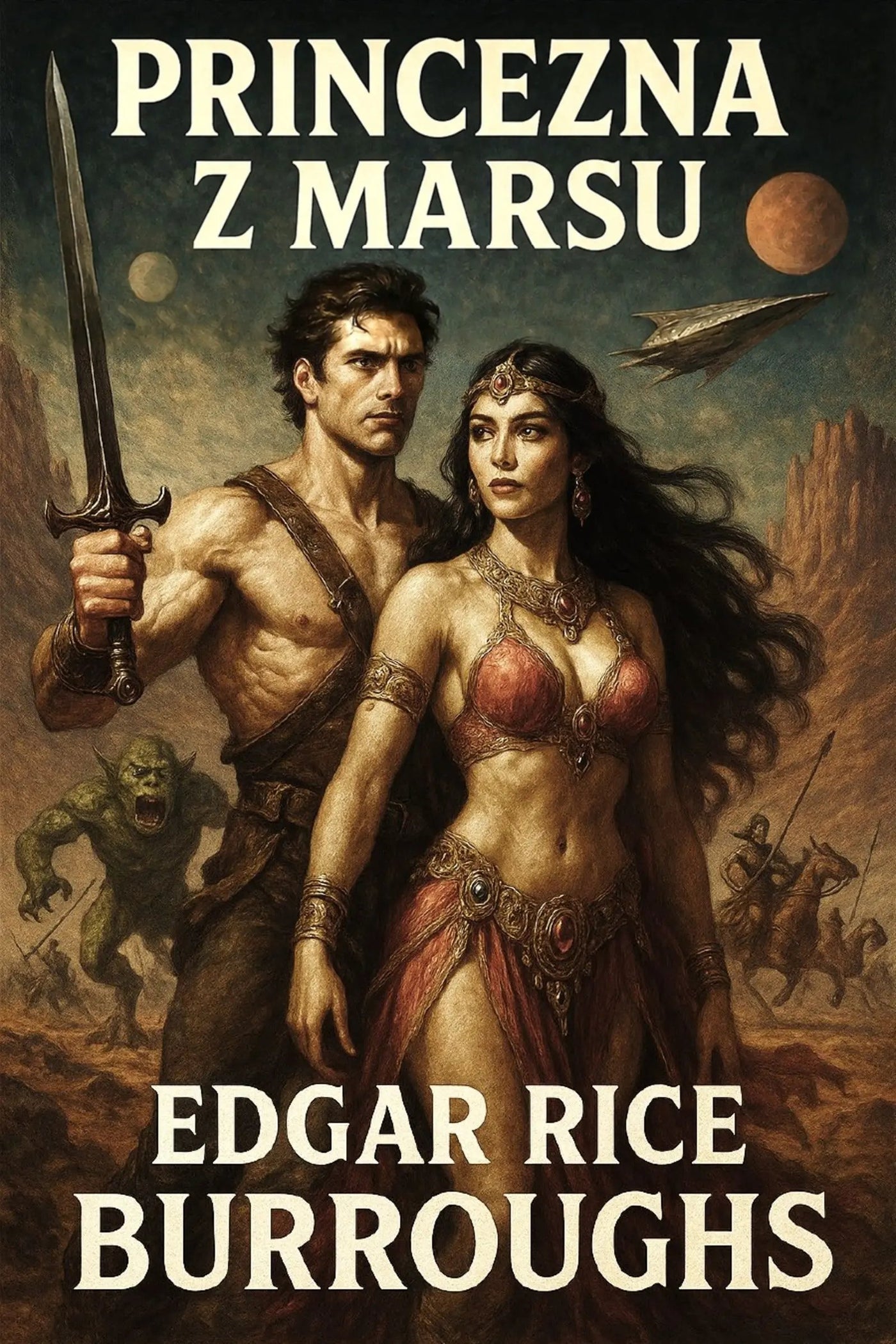 Book cover for 'Princezna z Marsu' by Edgar Rice Burroughs, featuring an illustrated fantasy scene of a muscular man holding a sword and a woman in red attire, with planets and a spaceship in the background.