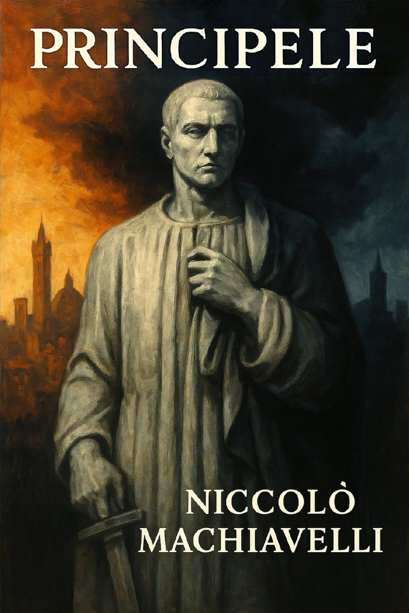 Book cover of 'Principele' by Niccolò Machiavelli with a statue and cityscape background.