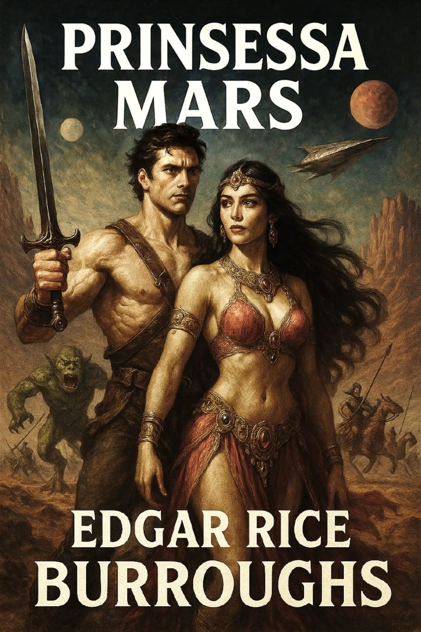 Book cover for 'Prinsessa Mars' by Edgar Rice Burroughs, featuring an illustrated scene of a muscular man holding a sword and a woman in red attire, with planets and a spaceship in the background.