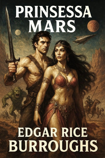 Book cover for 'Prinsessa Mars' by Edgar Rice Burroughs, featuring an illustrated scene of a muscular man holding a sword and a woman in red attire, with planets and a spaceship in the background.