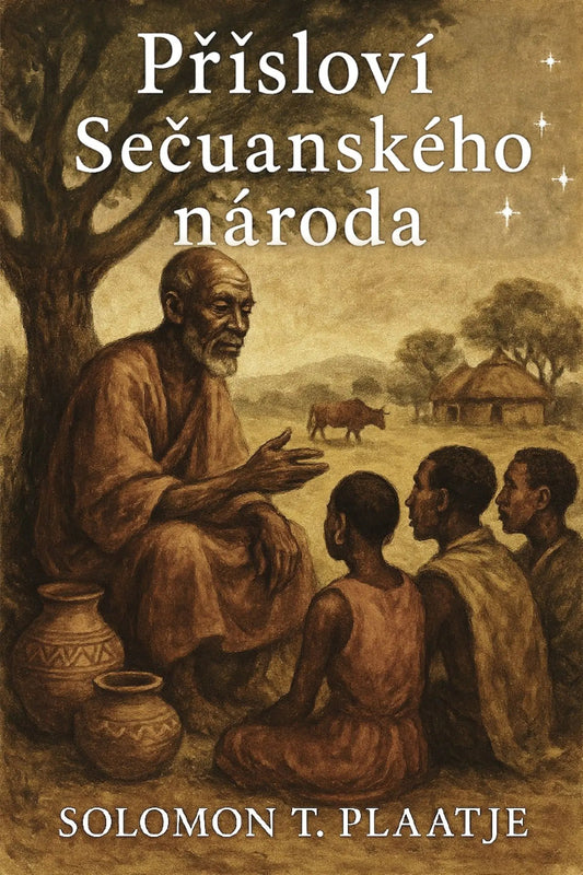 Book cover for 'Přísloví Sečuanského národa' by Solomon T. Plaatje, featuring a sepia-toned illustration of an elder speaking with three children in a rural landscape.