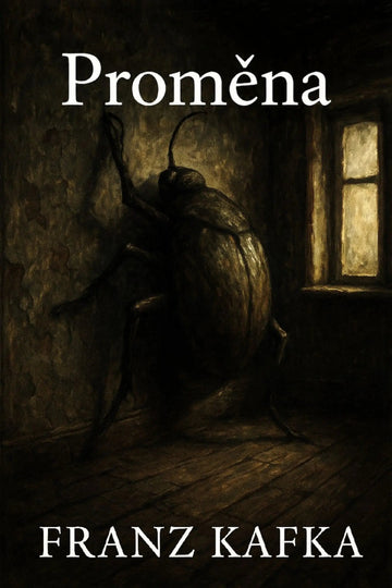 Book cover for Franz Kafka's 'Proměna' featuring a dark, moody illustration of a large beetle in a dimly lit room with a window, with the title and author name in white text.