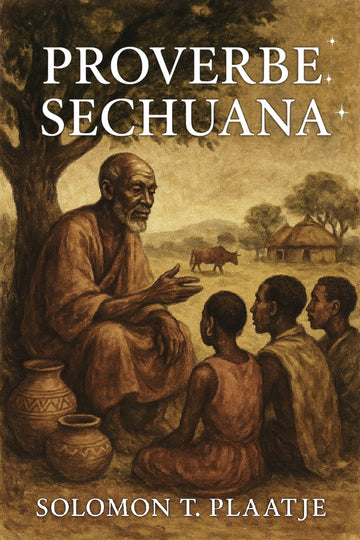 Book cover of 'Proverbe sechuana' by Solomon T. Plaatje featuring an illustration of an elder teaching children outdoors.