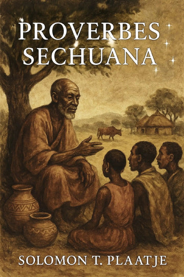 Book cover for 'Proverbes sechuana' by Solomon T. Plaatje, featuring a sepia-toned illustration of an elder seated under a tree with three children and a rural landscape in the background.