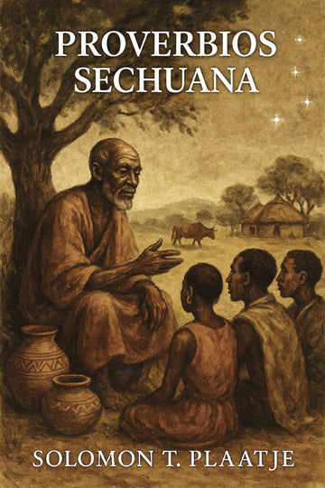 Book cover of 'Proverbios sechuana' by Solomon T. Plaatje with an illustration of an elder teaching children outdoors.