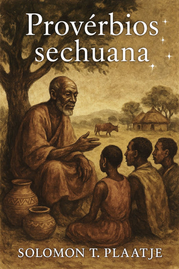 Book cover of 'Provérbios sechuana' by Solomon T. Plaatje with an illustration of an elder teaching children outdoors.