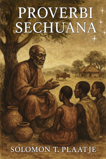 Book cover for 'Proverbi sechuana' by Solomon T. Plaatje, featuring a sepia-toned illustration of an elder speaking to three children in a rural landscape with huts and a cow.