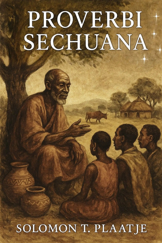 Book cover for 'Proverbi sechuana' by Solomon T. Plaatje, featuring a sepia-toned illustration of an elder speaking to three children in a rural landscape with huts and a cow.
