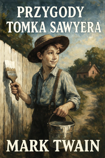 Book cover of 'Przygody Tomka Sawyera' by Mark Twain, featuring a boy painting a fence.