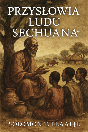 Book cover of 'Przysłowia ludu Sechuana' by Solomon T. Plaatje, featuring an illustration of an elder and children in a rural setting.