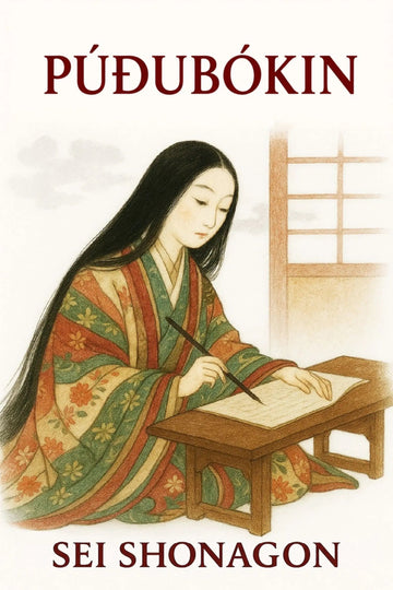 Book cover for 'Púðubókin' by Sei Shonagon, featuring an illustration of a woman in a patterned kimono writing at a desk against a light background.
