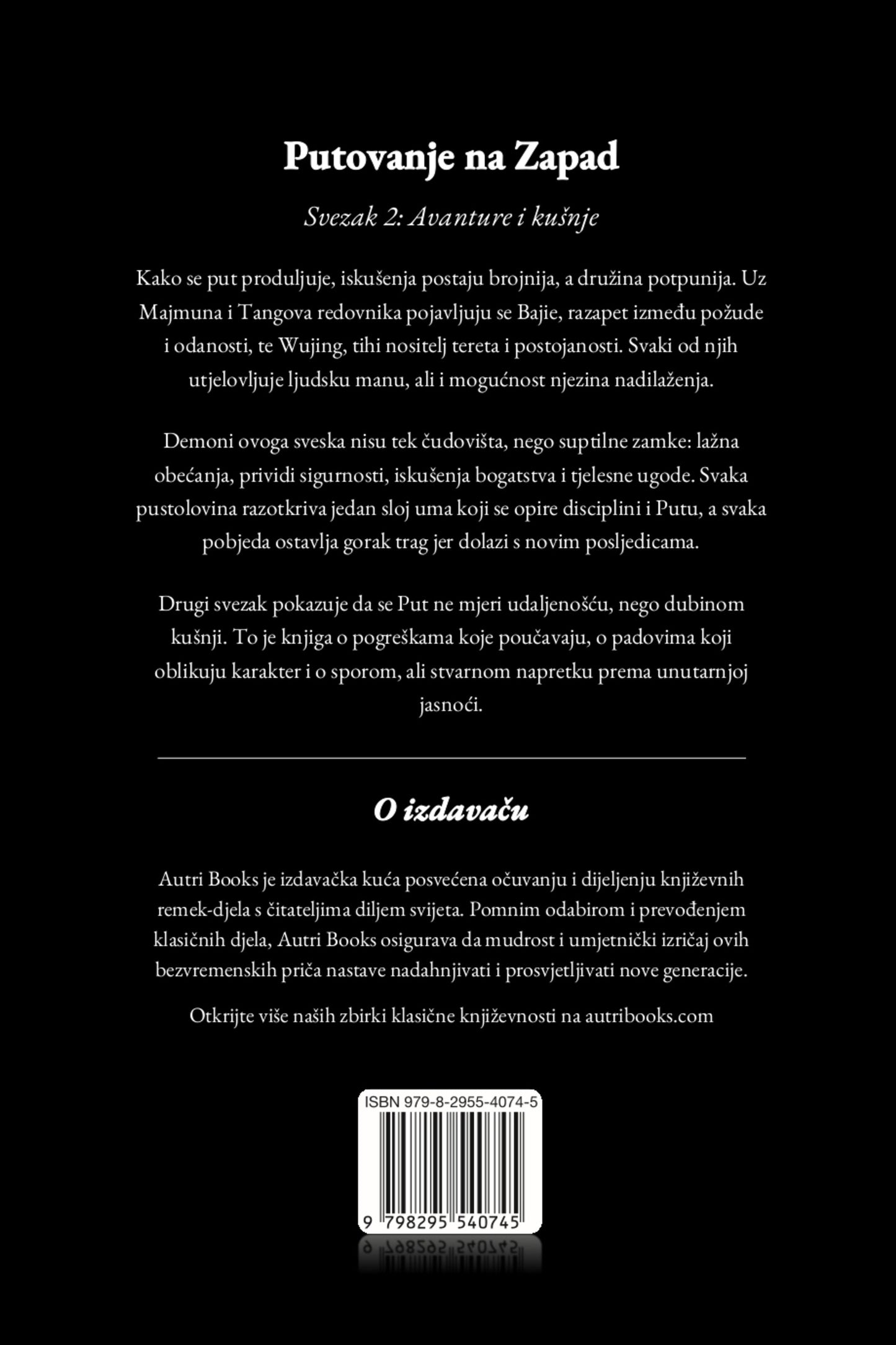 Back cover of a book with text in Croatian on a black background