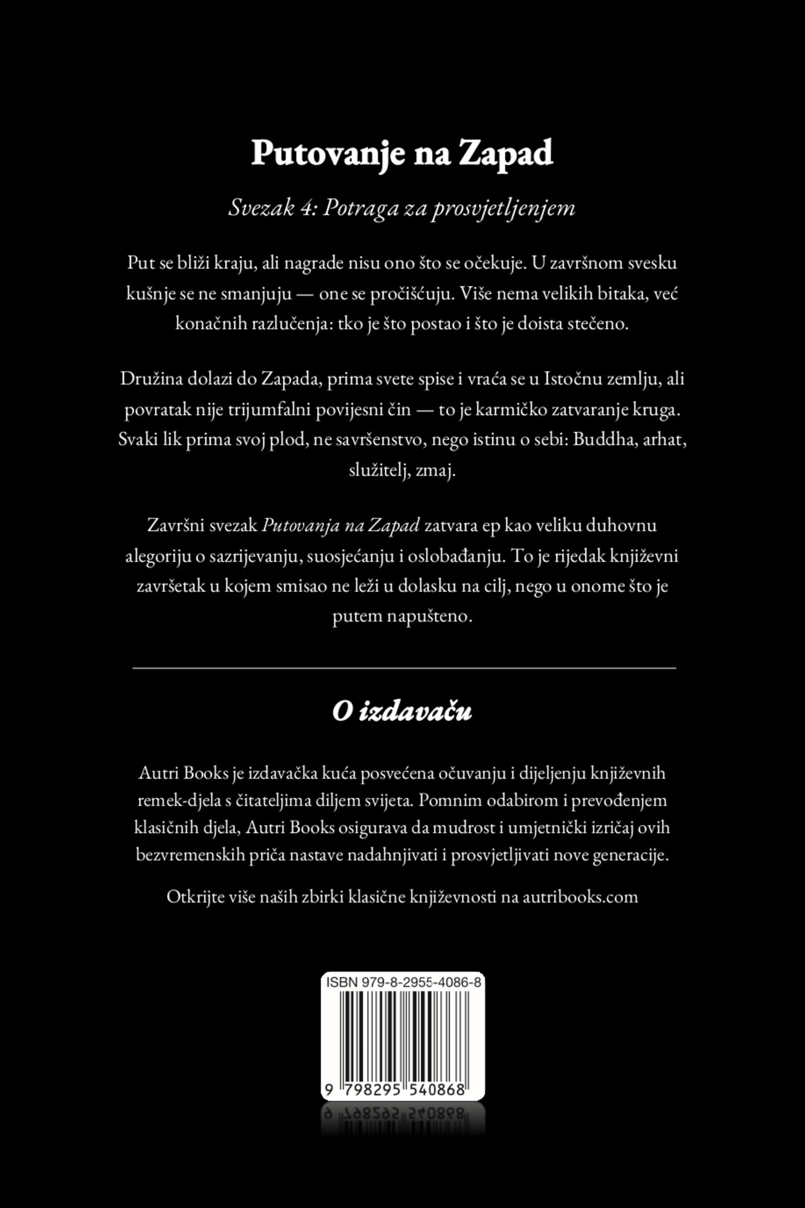 Back cover of a book with text in Croatian on a black background