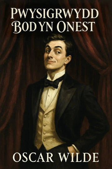 Book cover for 'Pwysigrwydd Bod yn Onest' by Oscar Wilde, featuring a portrait of a man in a black tuxedo and bow tie against a dark red curtain background.