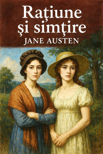 Book cover for 'Rațiune și simțire' by Jane Austen, featuring a painted portrait of two young women outdoors under a dark brown title banner with white text.