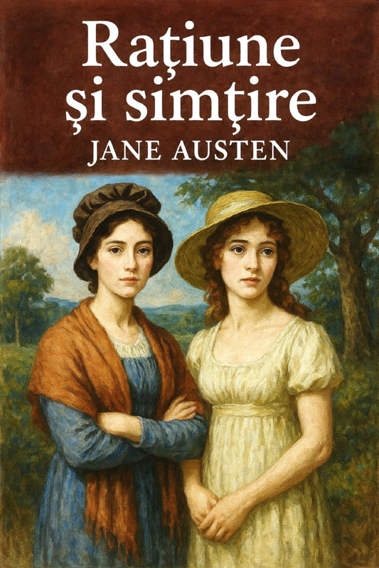 Book cover for 'Rațiune și simțire' by Jane Austen, featuring a painted portrait of two young women outdoors under a dark brown title banner with white text.