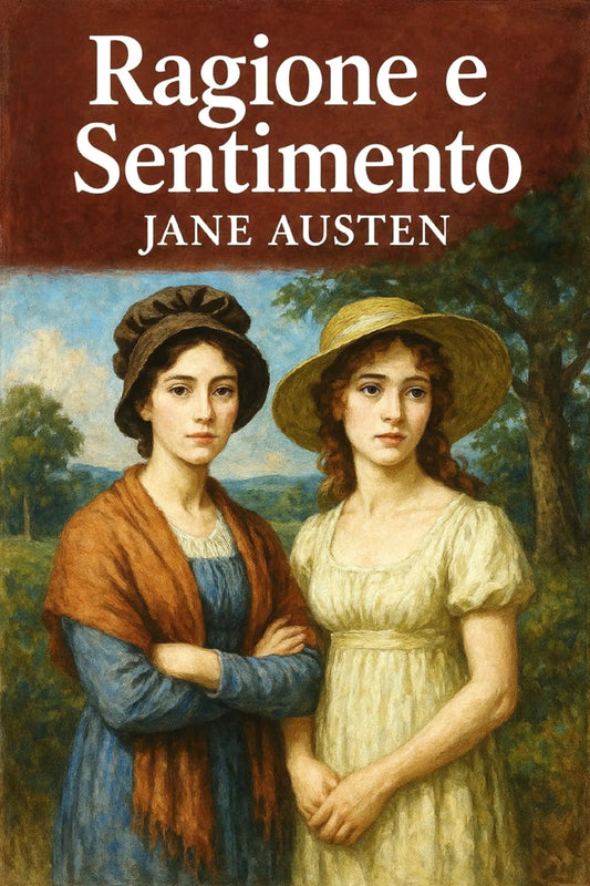 Book cover for 'Ragione e Sentimento' by Jane Austen, featuring a painted portrait of two young women outdoors against a brown title banner with white text.