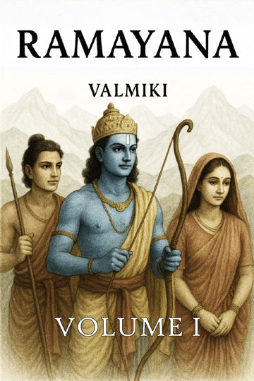 Cover of 'Ramayana' by Valmiki featuring a blue-skinned figure with two others, set against a mountainous background.
