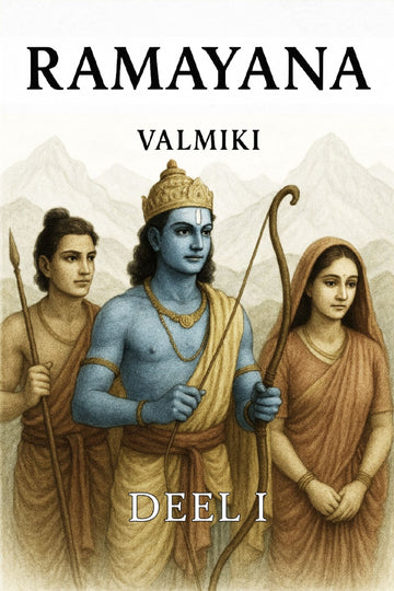 Book cover of 'Ramayana' by Valmiki featuring illustrations of characters with mountains in the background.