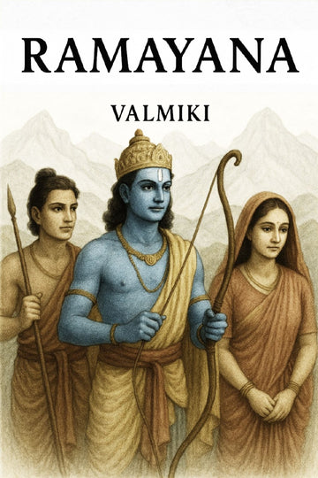Book cover of 'Ramayana' by Valmiki with illustrations of characters against a mountainous background.