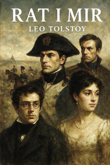 Book cover of 'Rat i mir' by Leo Tolstoy featuring portraits of four individuals.