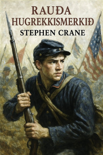 Book cover for 'Rauða hugrekkismerkið' by Stephen Crane, featuring a painted Civil War soldier in a dark blue uniform holding a rifle, with flags and the title text at the top.