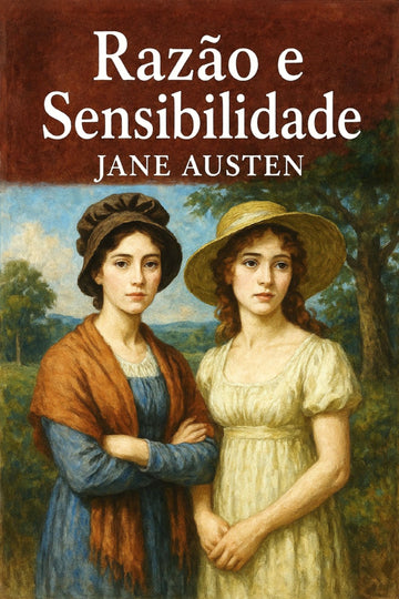 Book cover of 'Razão e Sensibilidade' by Jane Austen featuring two women in historical attire.