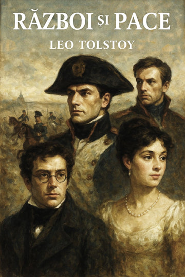 Book cover of 'Război și pace' by Leo Tolstoy featuring portraits of four individuals.