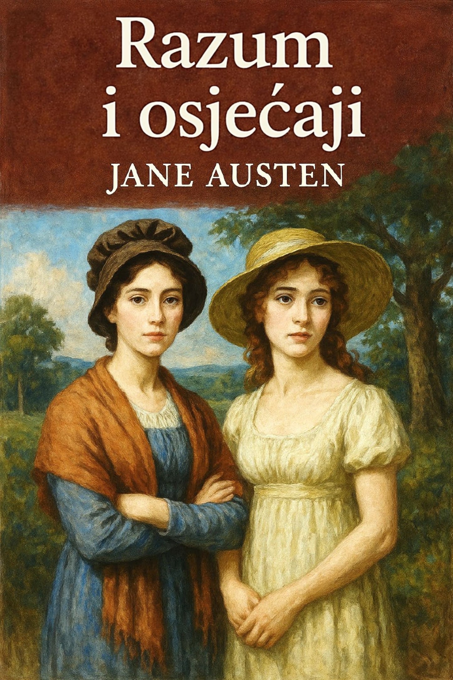 Book cover of 'Razum i osježaji' by Jane Austen with a painting of two women in hats.