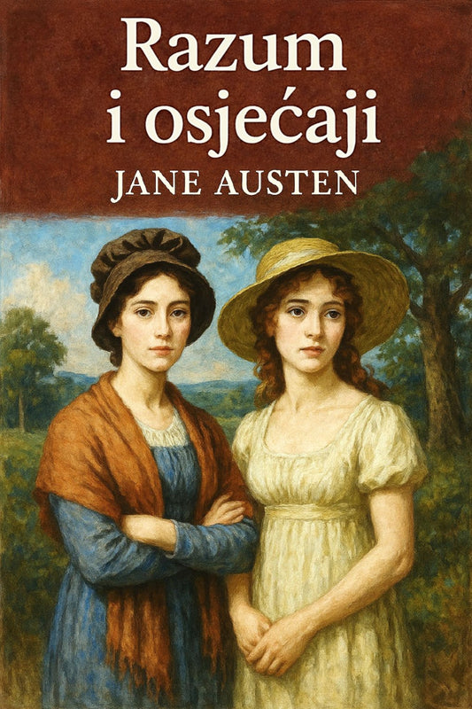 Book cover of 'Razum i osježaji' by Jane Austen with a painting of two women in hats.