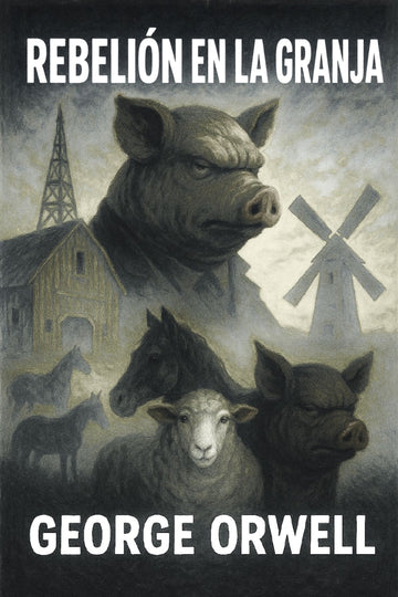 Book cover of 'Rebelión en la granja' by George Orwell featuring animals and a windmill.