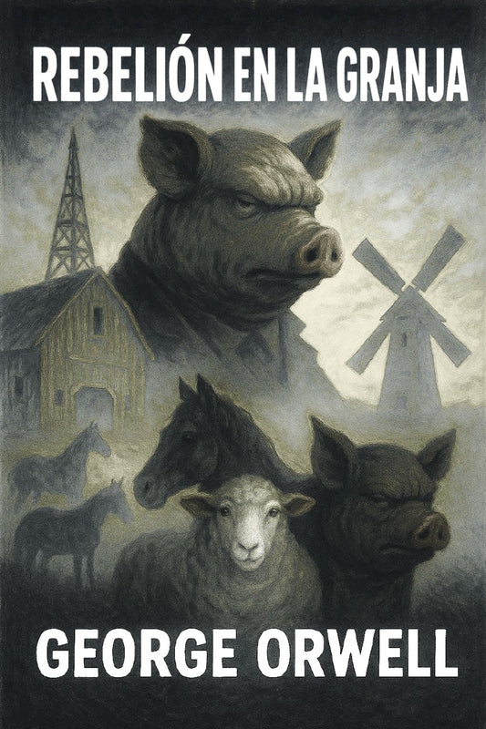 Book cover of 'Rebelión en la granja' by George Orwell featuring animals and a windmill.